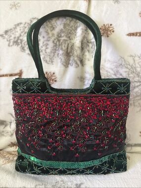 Embroidered sequins beads Velvet mix media 2 handle hand/shoulder Bag Green Red